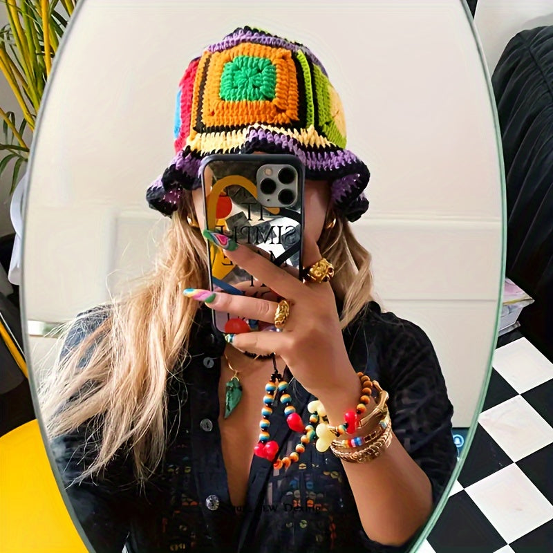 Color Block Crochet Fisherman Hat, Retro Ethnic Style Casual Hollow Out Breathable Bucket Hat